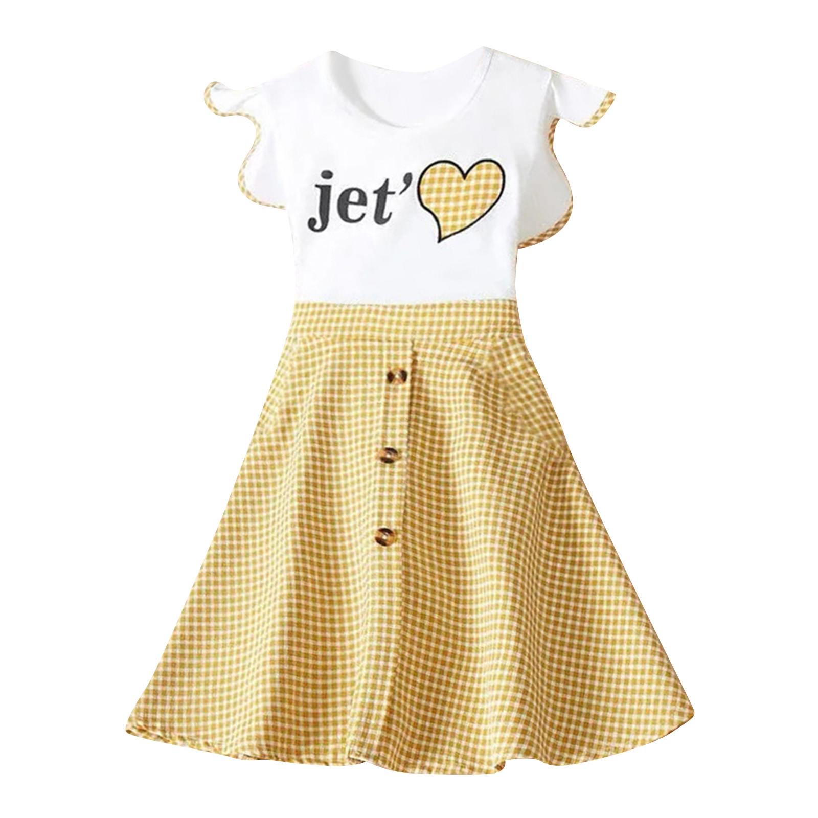ASFGIMUJ Baby Girl Dresses Summer 3-9Y Summer Casual Ruffle Letter Love Print Ruffle Sleeves Plaid Patchwork Party Princess Dresses Clothes Dresses For Teen Girls,Size 8 Years—9 Years